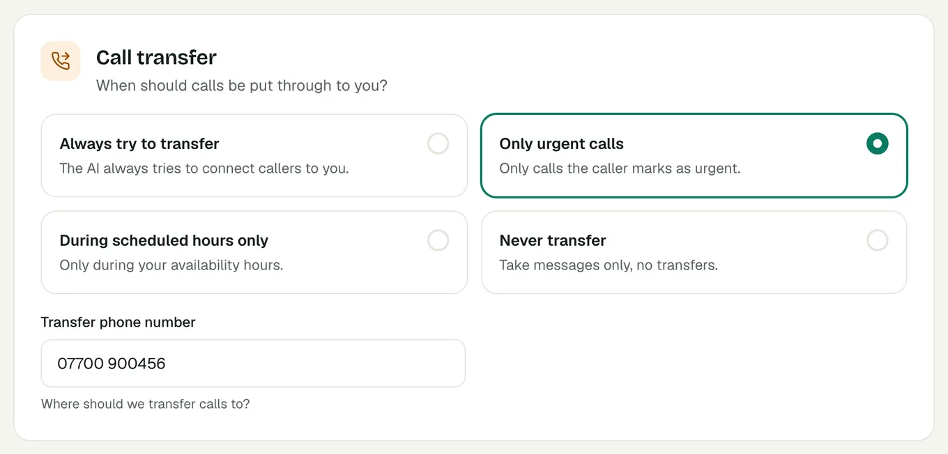 Call transfer options in the Call handling settings of the Voco dashboard