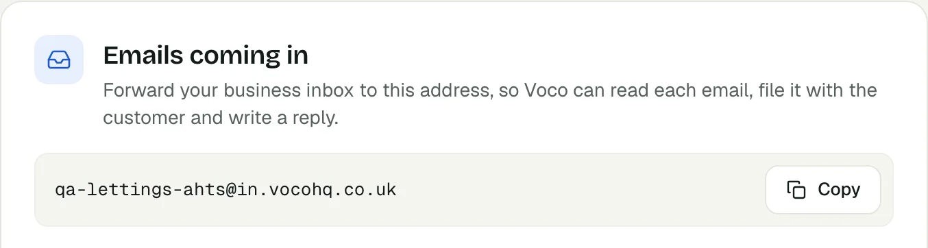 The Emails coming in card on the Email settings page of the Voco dashboard, showing the business's Voco forwarding address and a Copy button