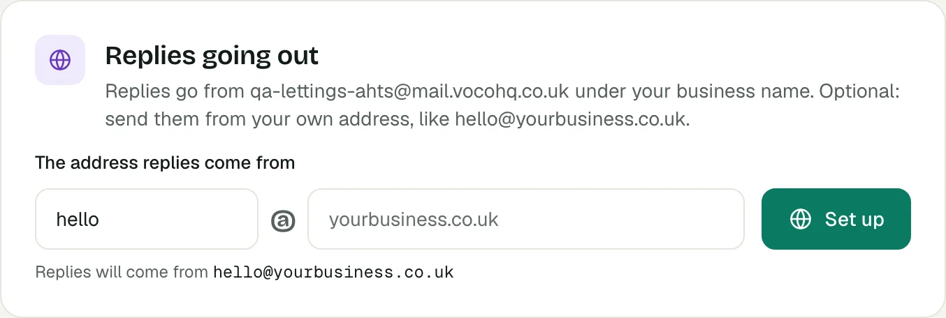 The Replies going out card in Voco's Email settings, with boxes for the name before the @ and your domain, and a Set up button