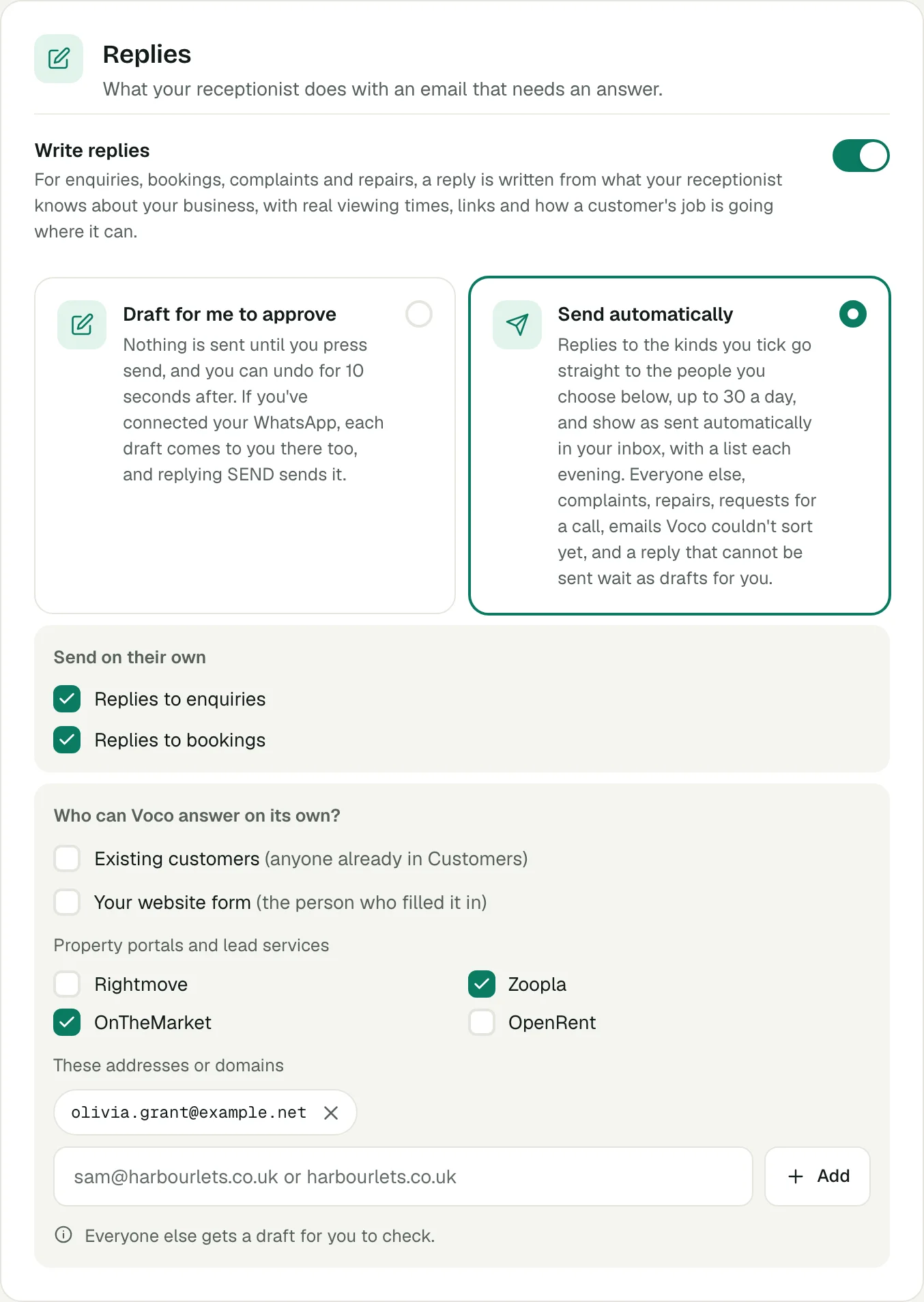 The Replies card in Voco's Email settings, with Write replies switched on, Draft for me to approve and Send automatically, Send on their own ticks and the Who can Voco answer on its own? list