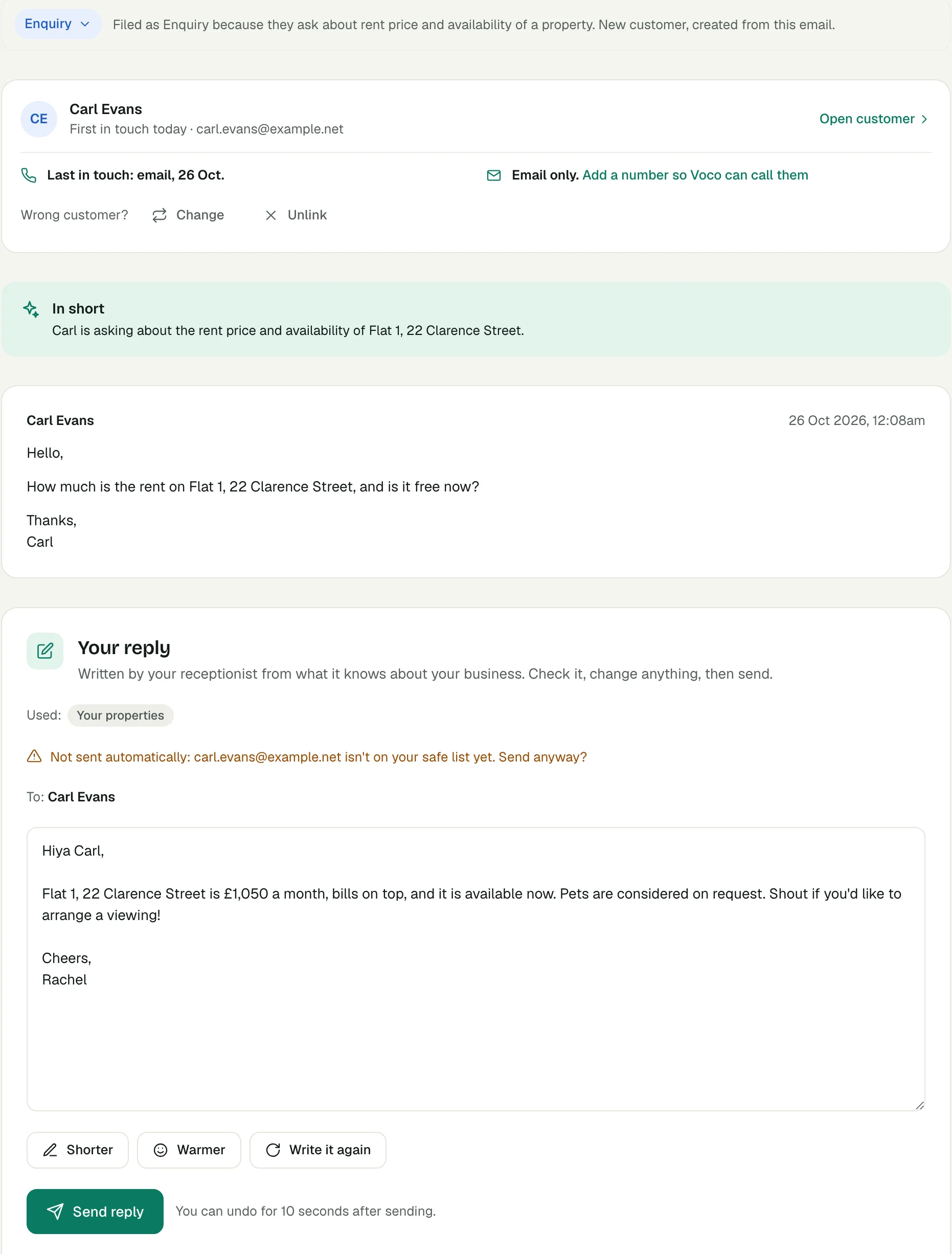One enquiry email in the Voco dashboard, with the type and why, the customer card, In short, the customer's question about a flat's rent and the reply Voco wrote with the rent and availability from the property records, down to Send reply