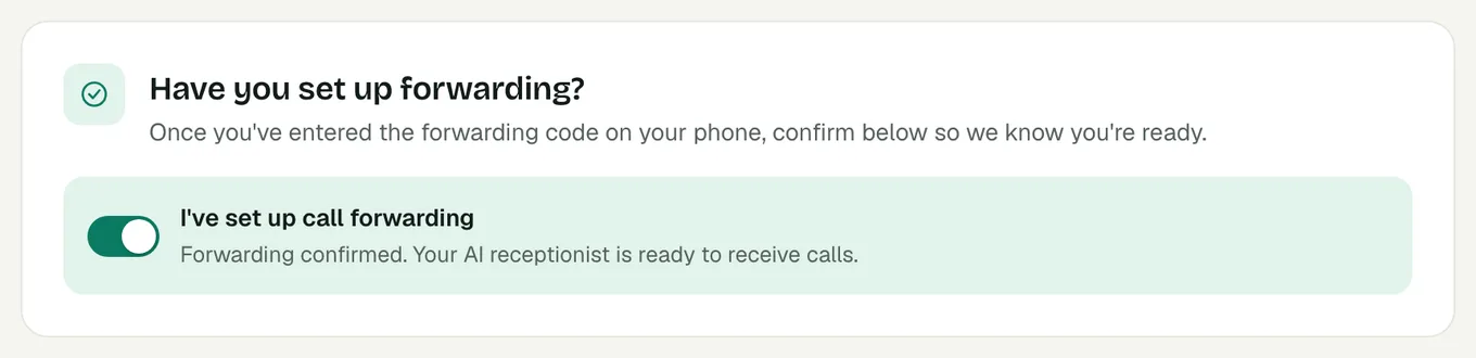 The I've set up call forwarding switch on the Call forwarding page of the Voco dashboard