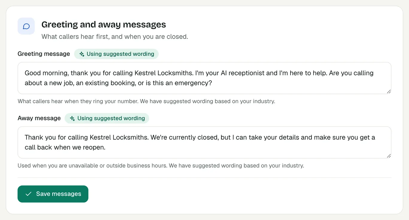 The Greeting and away messages card on the Receptionist settings page of the Voco dashboard