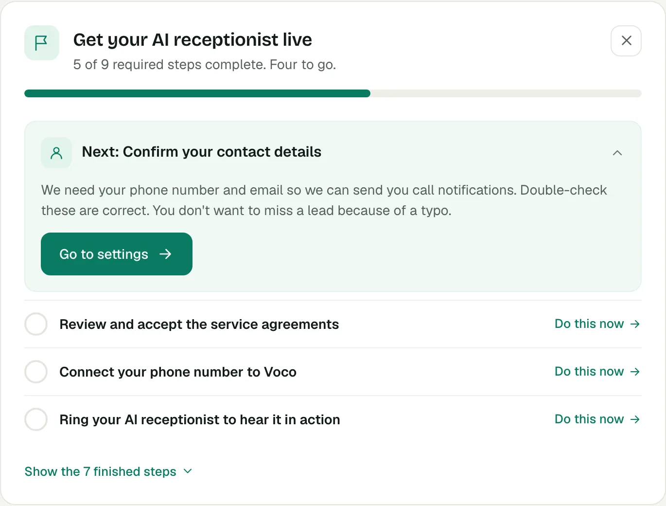 The Get your AI receptionist live checklist on the Voco dashboard home page, showing the next step and the steps still to do