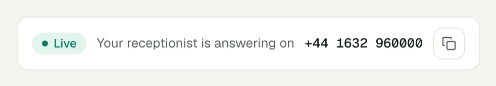 The status line on the Voco dashboard home page, showing the number the receptionist answers on and a copy button