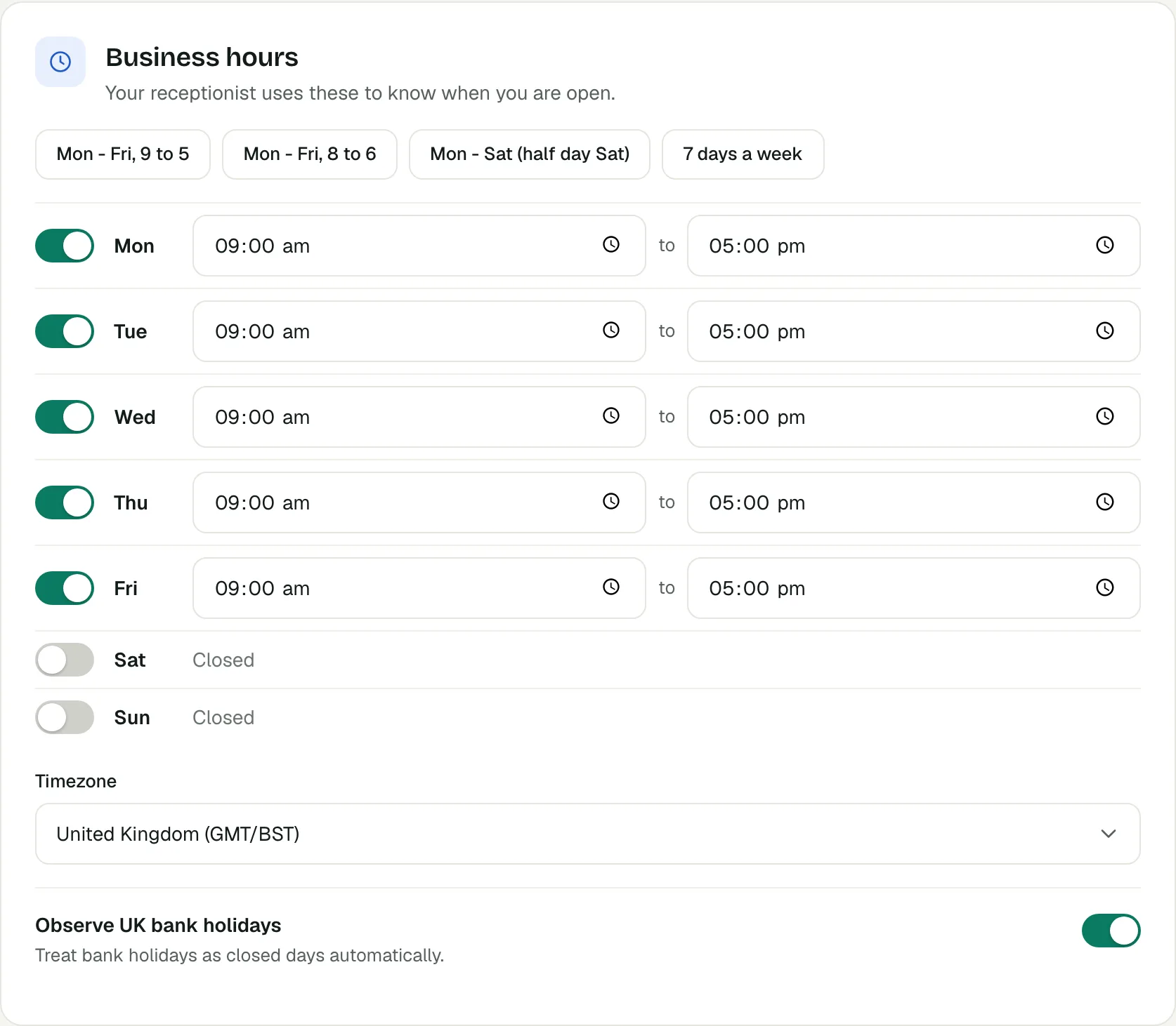 The Business hours card on the My business page of the Voco dashboard, with presets, opening times for each day, Timezone and Observe UK bank holidays