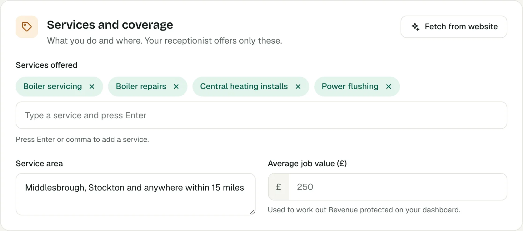 The Services and coverage card on the My business page of the Voco dashboard, with four services, a service area and the Fetch from website button
