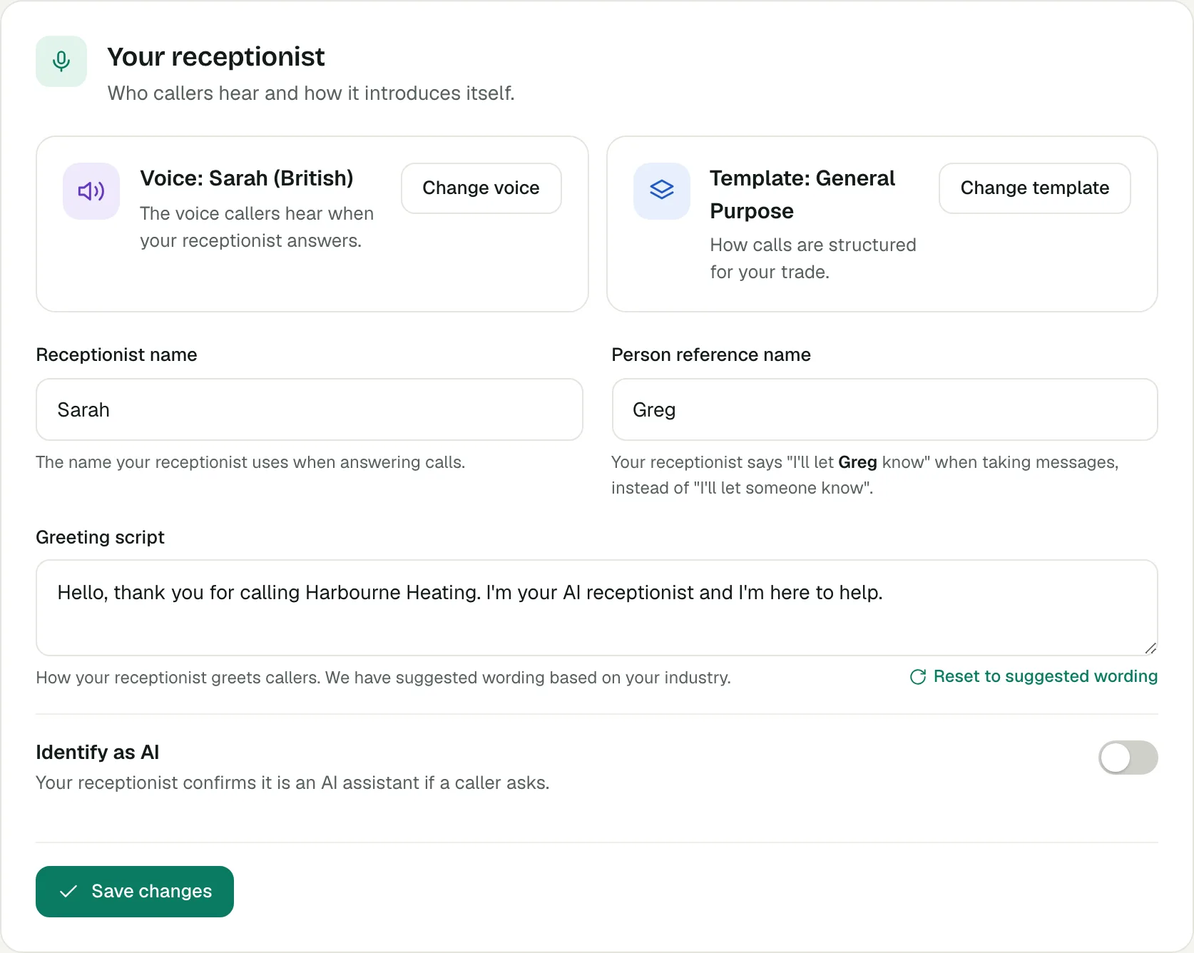 The Your receptionist card on the Voco Receptionist settings page, with the voice, template, Receptionist name, Person reference name, Greeting script and Identify as AI