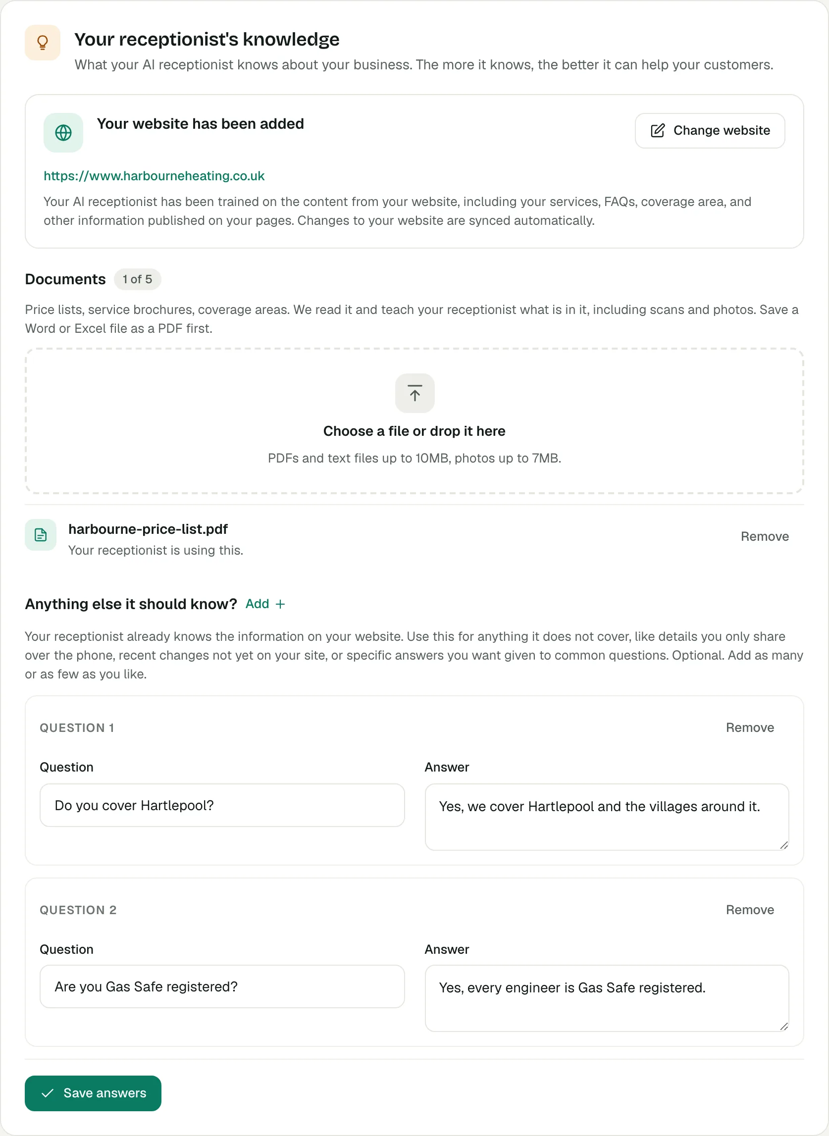 The Your receptionist's knowledge card in the Voco dashboard, with a website added, one document in use and two extra answers