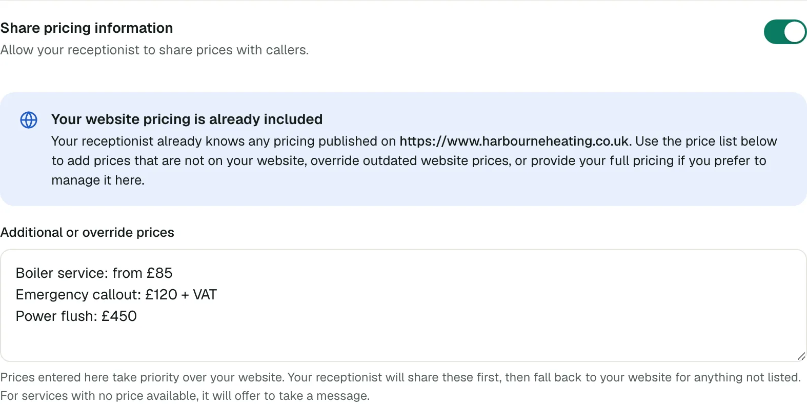 The Share pricing information switch in the Voco dashboard, switched on, with a note that website pricing is included and an Additional or override prices box