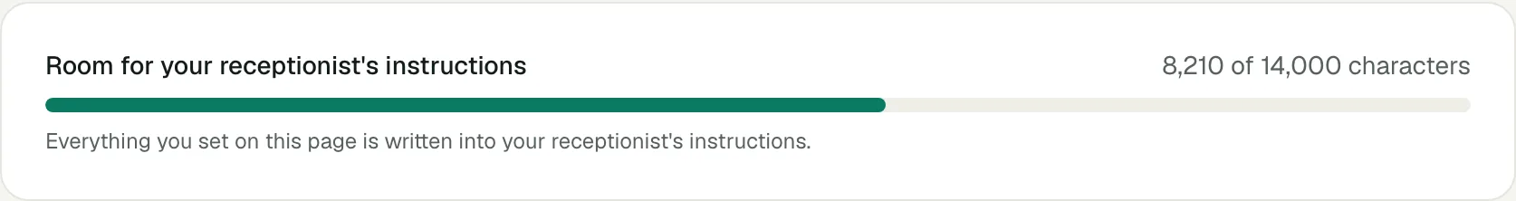 The Room for your receptionist's instructions meter on the Voco Receptionist settings page, showing characters used out of the limit