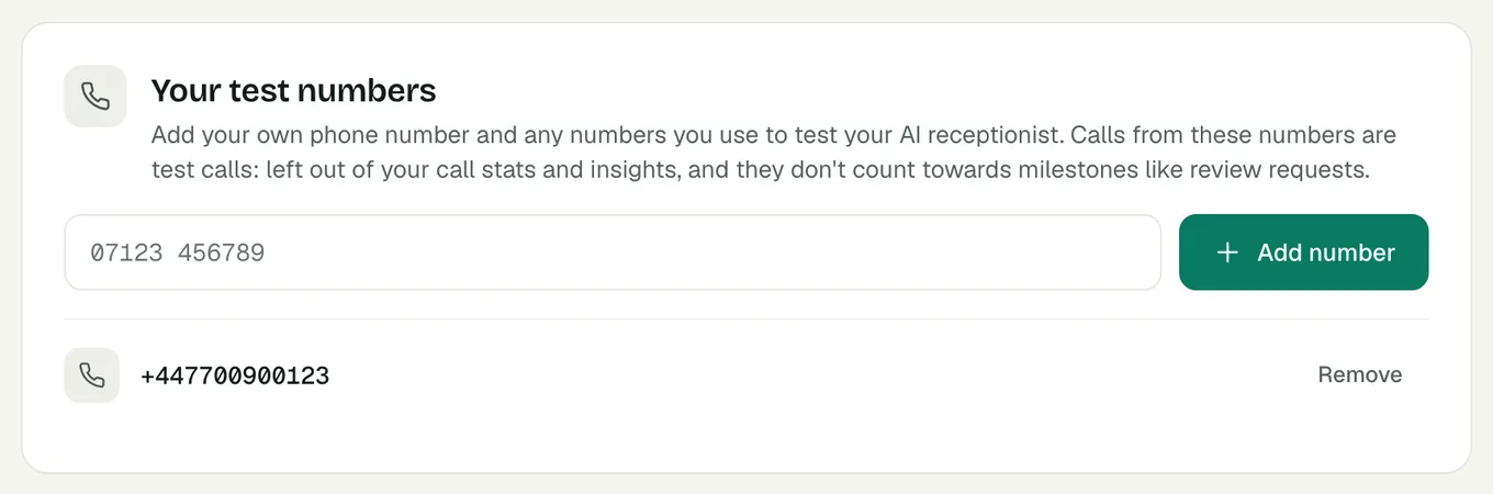 Settings, Test numbers in the Voco dashboard, with one mobile number added