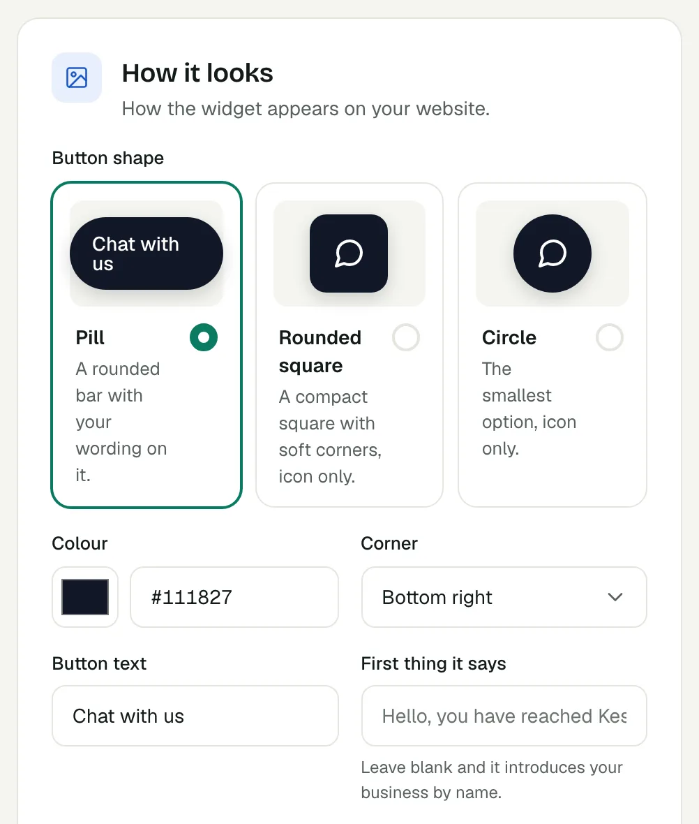 How it looks settings for the Voco chat button: shape, colour, corner and wording