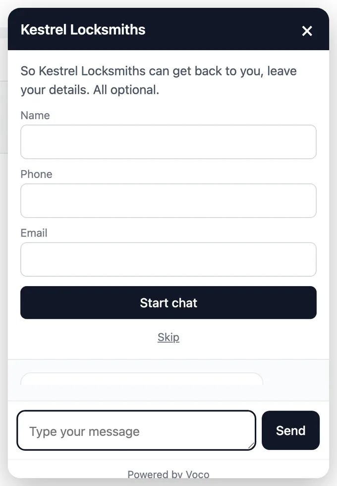The Voco chat panel open on a website, asking the visitor for their details