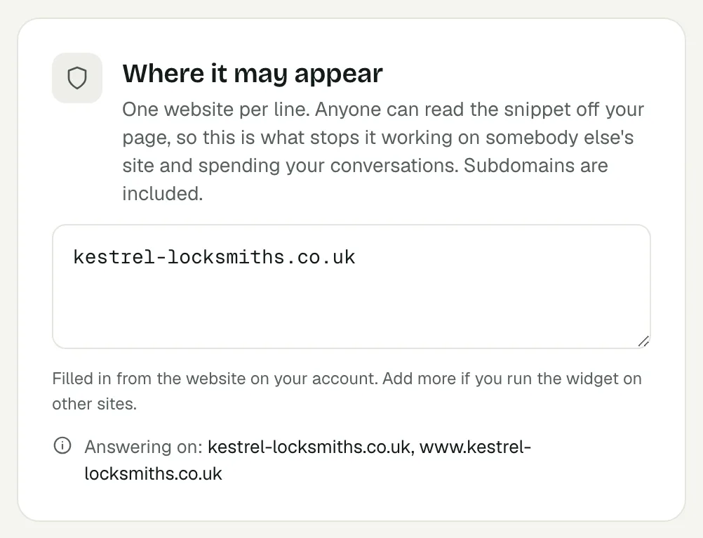 The Where it may appear box in the Voco web chat settings, listing one website