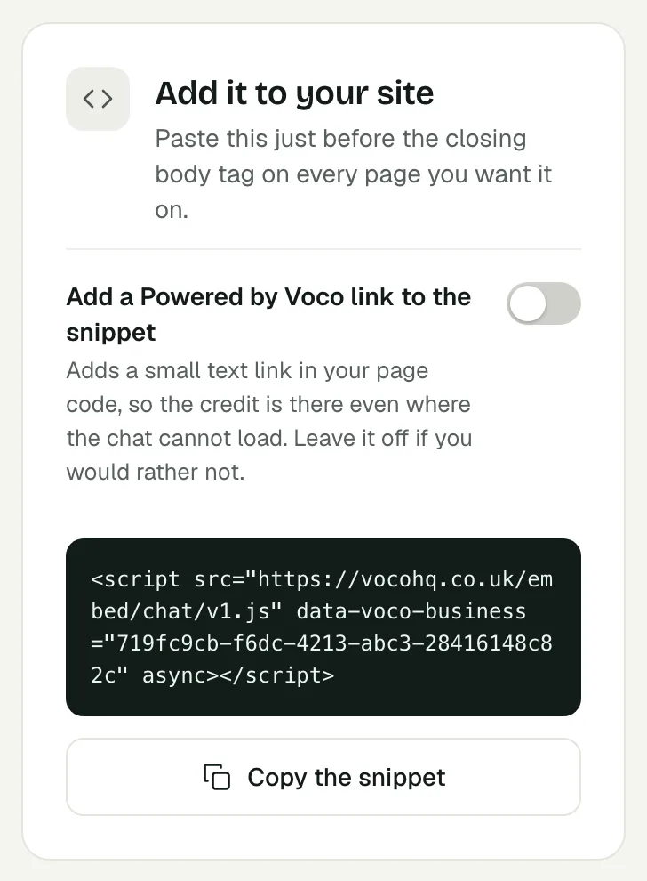 The Add it to your site card in the Voco web chat settings, with the snippet and the Copy the snippet button